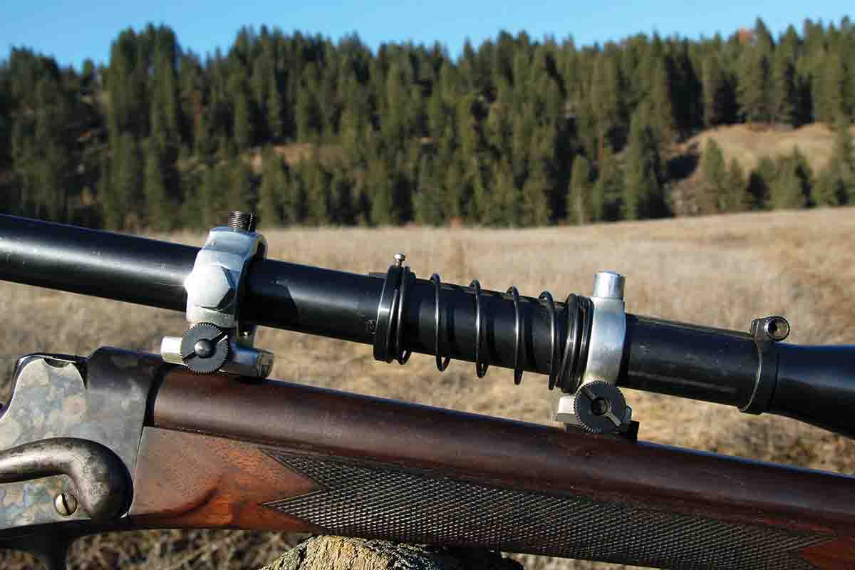 The J. Unertl scope used while shooting the 25-20 Hepburn rifle predates the rifle, but lines up well with the period the new barrel was added. Zeroing the scope requires much trial and error.
